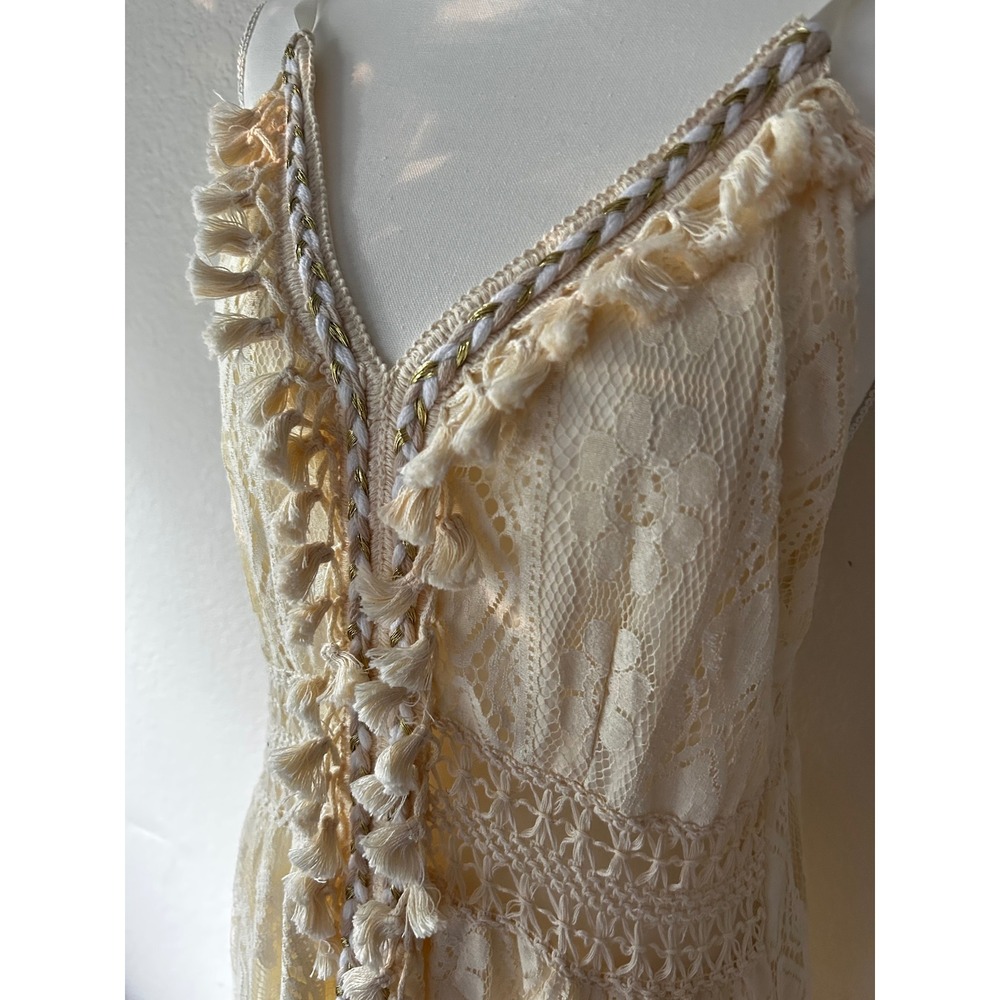 Boho Cream Floral Lace High Low Maxi Dress Tassel V-Neck Smocked Back Cream